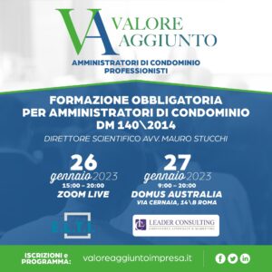 Formazione obbligatoria per amministratori di condominio 26-27 gennaio 2023